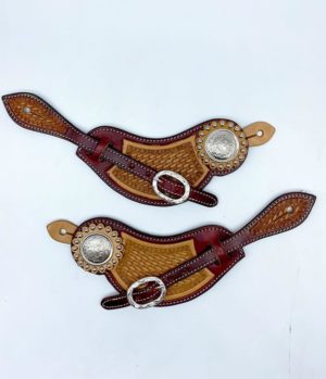 Two Tone Leather Spur Strap with Basket Weave and Silver Concho