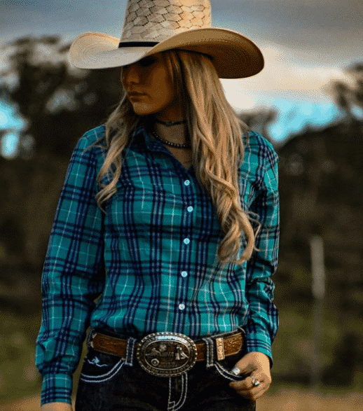 Ladies Long Sleeve Teal Check Shirt 