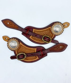 Two Tone Leather Spur Strap with Basket Weave and Silver Concho