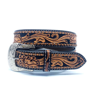 Tooled Leather Belt with Studs