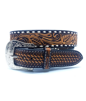 Tooled Basketweave Leather Belt with Buckstitch