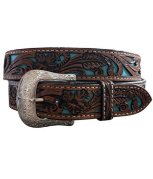 El Torro – Floral Leather Belt With Turquoise Inlay