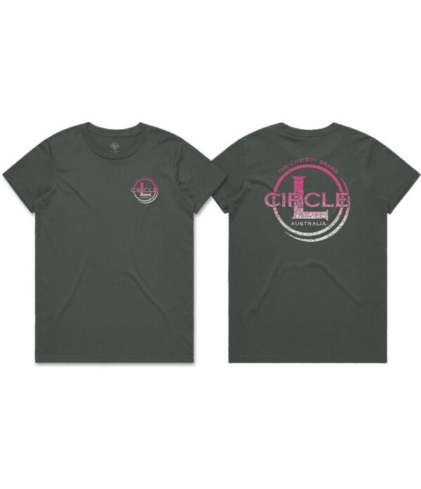 charcoal t-shirt with a pink logo